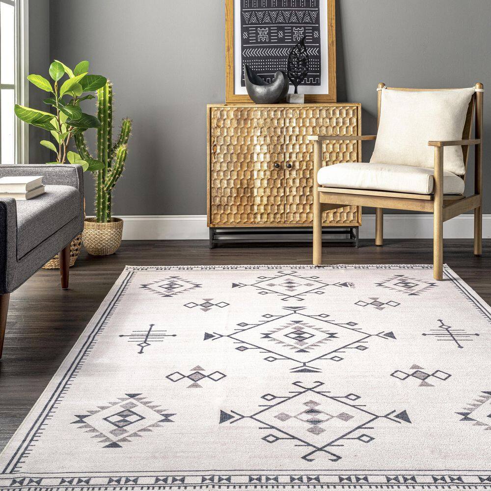 Cream Rectangular Washable Synthetic Area Rug, 2' x 3'