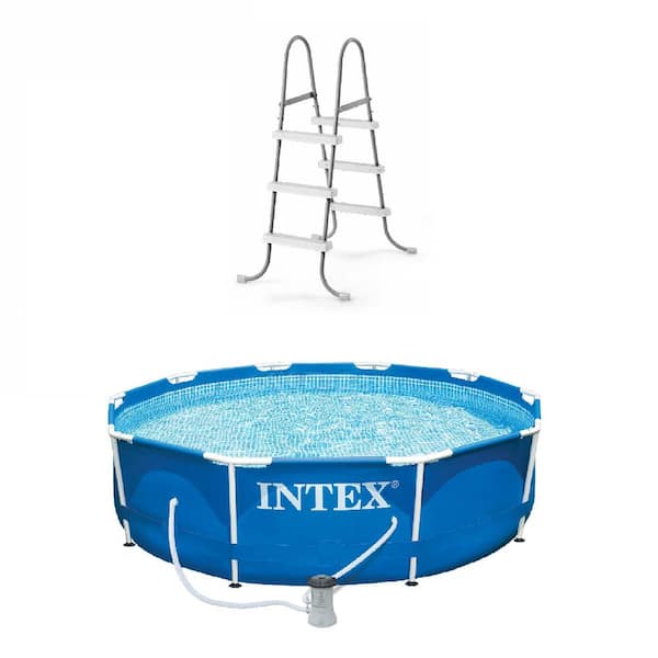 Intex 10 ft. x 2.5 ft. Round Above-Ground Pool Ladder with Pool Set with Filter Pump