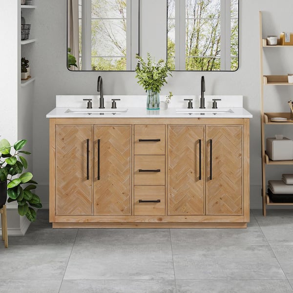 Altair Bellavia 60 in. W x 22 in. D x 34 in. H Double Sink Bath Vanity in Weathered Fir with White Engineered Stone Top