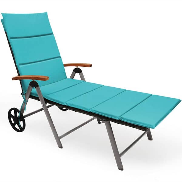 Gymax Folding Patio Rattan Lounge Chair with Turquoise Cushioned Aluminum Adjust Wheel