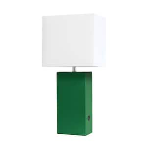 21 in. Green Modern Leather Table Lamp with USB and White Fabric Shade