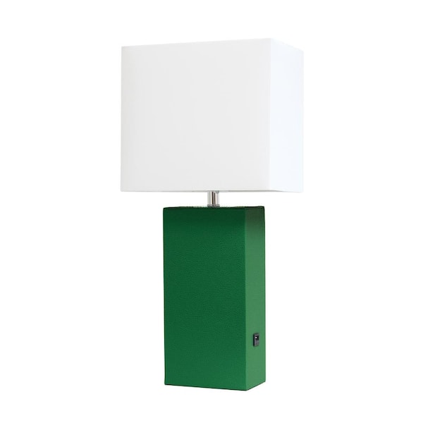 Elegant Designs 21 in. Green Modern Leather Table Lamp with USB and White Fabric Shade