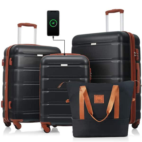 Merax 4-Piece Black and Brown Expandable PC and ABS Hardshell Spinner Luggage Set with Travel Bag, USB Port, Cup Holder, Hooks