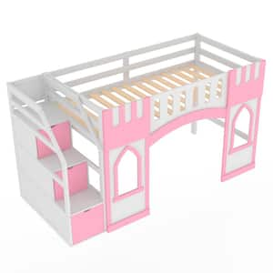 Pink and White Twin Size Platform Bed with Storage Staircase