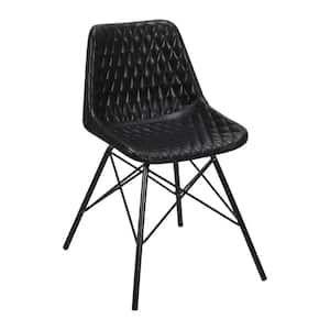 Black Metal Frame Genuine Leather Accent Side Chair with Diamond Stitched