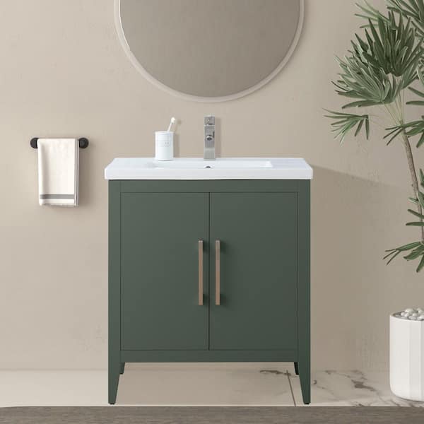 30 in. W x 18.5 in D x 34 in. H Single Sink Bathroom Vanity Cabinet in Vintage Green with Ceramic Top