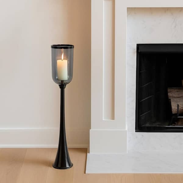 43 in. Black Metal and Glass Striking Tall Floor Candle Holder
