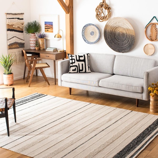 Striped Kilim Ivory Black Doormat 3 ft. x 3 ft. Striped Square Area Rug