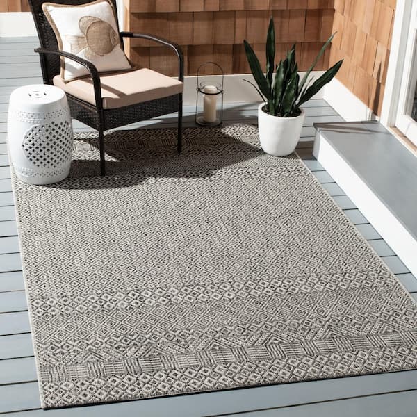 Courtyard Gray/Black 7 ft. x 7 ft. Geometric Diamond Indoor/Outdoor Patio  Square Area Rug