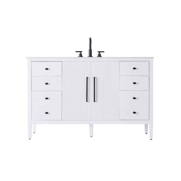 54 in. Single Sink White Bath Vanity with White Engineered Marble Top