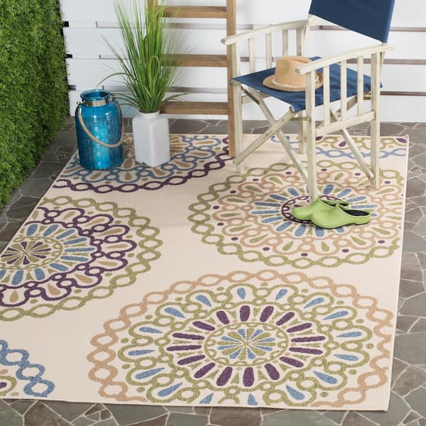 Veranda Cream/Green 7 ft. x 7 ft. Geometric Floral Indoor/Outdoor Square Area Rug