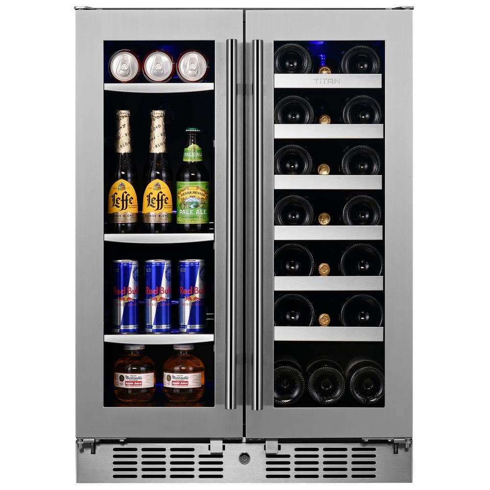TITAN Transcend 24 in. 64 Can and 20-Bottle Seamless Stainless Steel French  Door Dual Zone Built-In Beverage and Wine Cooler TT-FRBW6420DZ - The Home  
