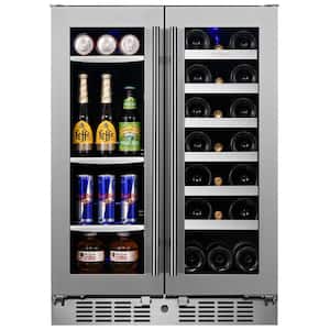 Transcend 24 in. 64 Can and 20-Bottle Seamless Stainless Steel French Door Dual Zone Built-In Beverage and Wine Cooler
