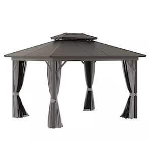 10 ft. x 12 ft. Black Outdoor Gazebo Double Roof Canopy W/Netting,Curtains,2-Tier Hardtop Galvanized Aluminum Frame