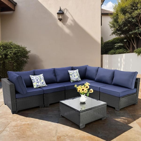 Unbranded 7-Piece Black Wicker Outdoor Sofa Loveseat Patio Conversation Seating Set with Dark Blue Cushions