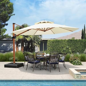 13 ft. Octagon High-Quality Wood Pattern Aluminum Cantilever Polyester Patio Umbrella with Stand, Cream