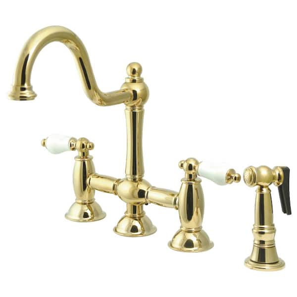 Kingston Brass Restoration 2-Handle Bridge Kitchen Faucet with Side Sprayer in Polished Brass