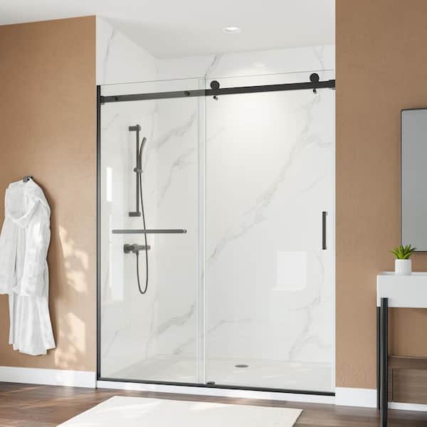56-60 in. W x 75 in. H Semi-Frameless Single Sliding Shower Door in Matte Black with Easy-Clean Glass and Towel Bar