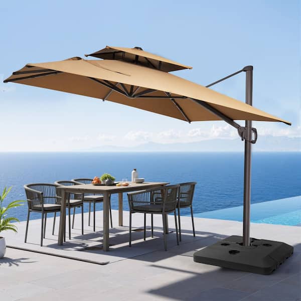 Double Top 11 ft. x 9 ft. Aluminum 360° Rotation Cantilever Patio Umbrella in Tan with 240 lbs. HDPE Square Base