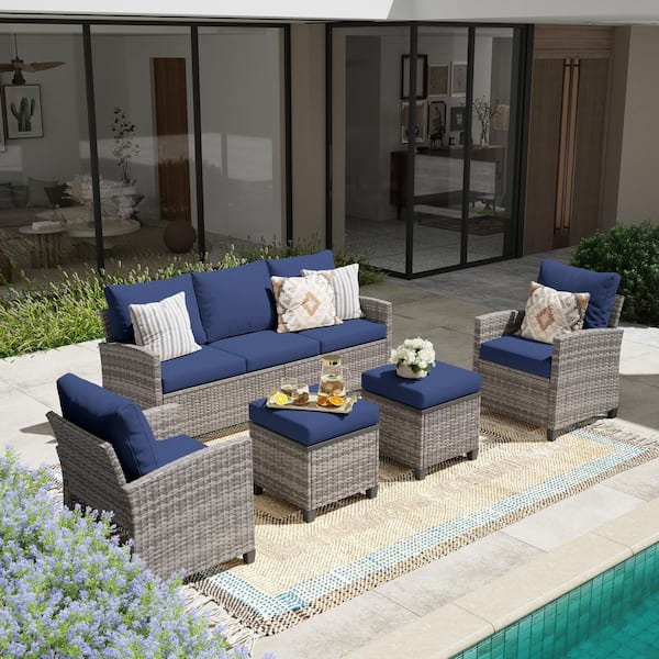 5-Piece Gray Wicker Outdoor Couch with Blue Cushions