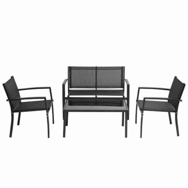 PATIOGUARDER 4-Piece Metal Patio Conversation Set Lawn Chairs with Glass Coffee Table Black