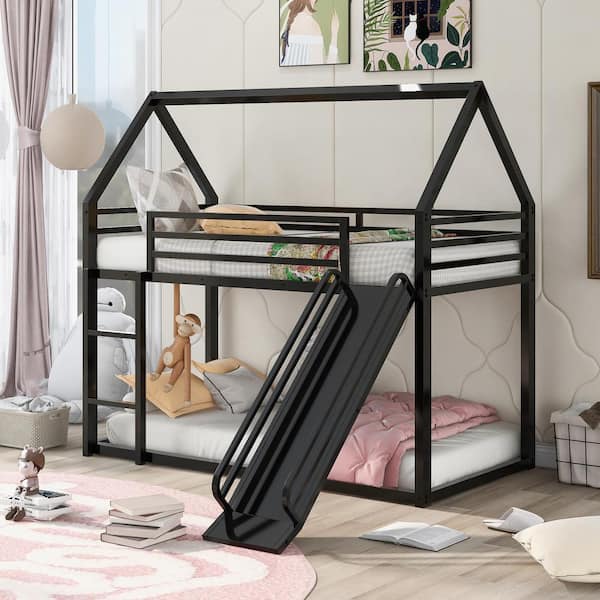 Polibi Black Twin over Twin Playhouse Bunk Bed with Ladder and Slide(76.5''L x 40.5''W x 71''H)