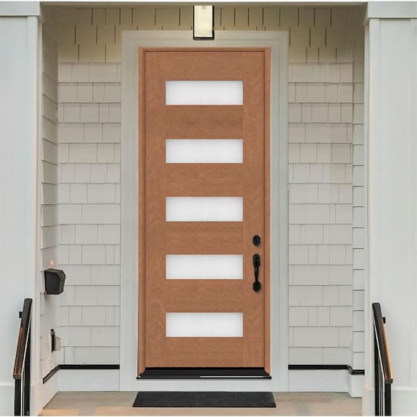 Regency 36 in. x 96 in. 5L Modern Frosted Glass LHIS Autumn Wheat-Stained Fiberglass Prehung Front Door