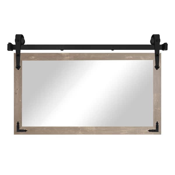 (18 in. W x 33 in. H) Harvest Brown Mirror with Steel Barn Door Track and Decorative Metal Corner Brackets