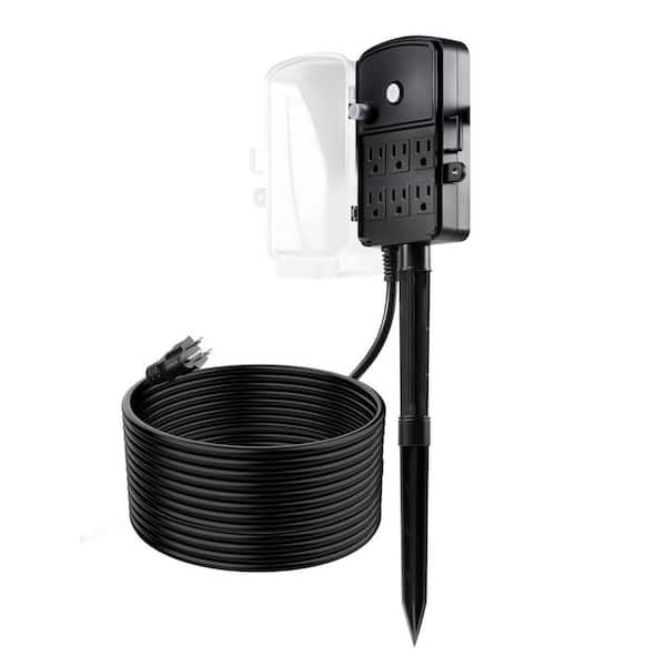 Outdoor Power Stake, 25 ft. Extension Cord, Weatherproof Power Strip with Cover and Overload Protection, 6 Outlets, 15A