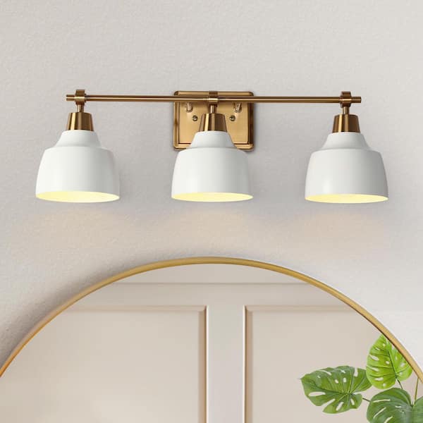 LNC 23.6 in. 3-Light Modern White Vanity Light with Plating Gold Rectangle Backplate and Bell Metal Shade for Bathroom