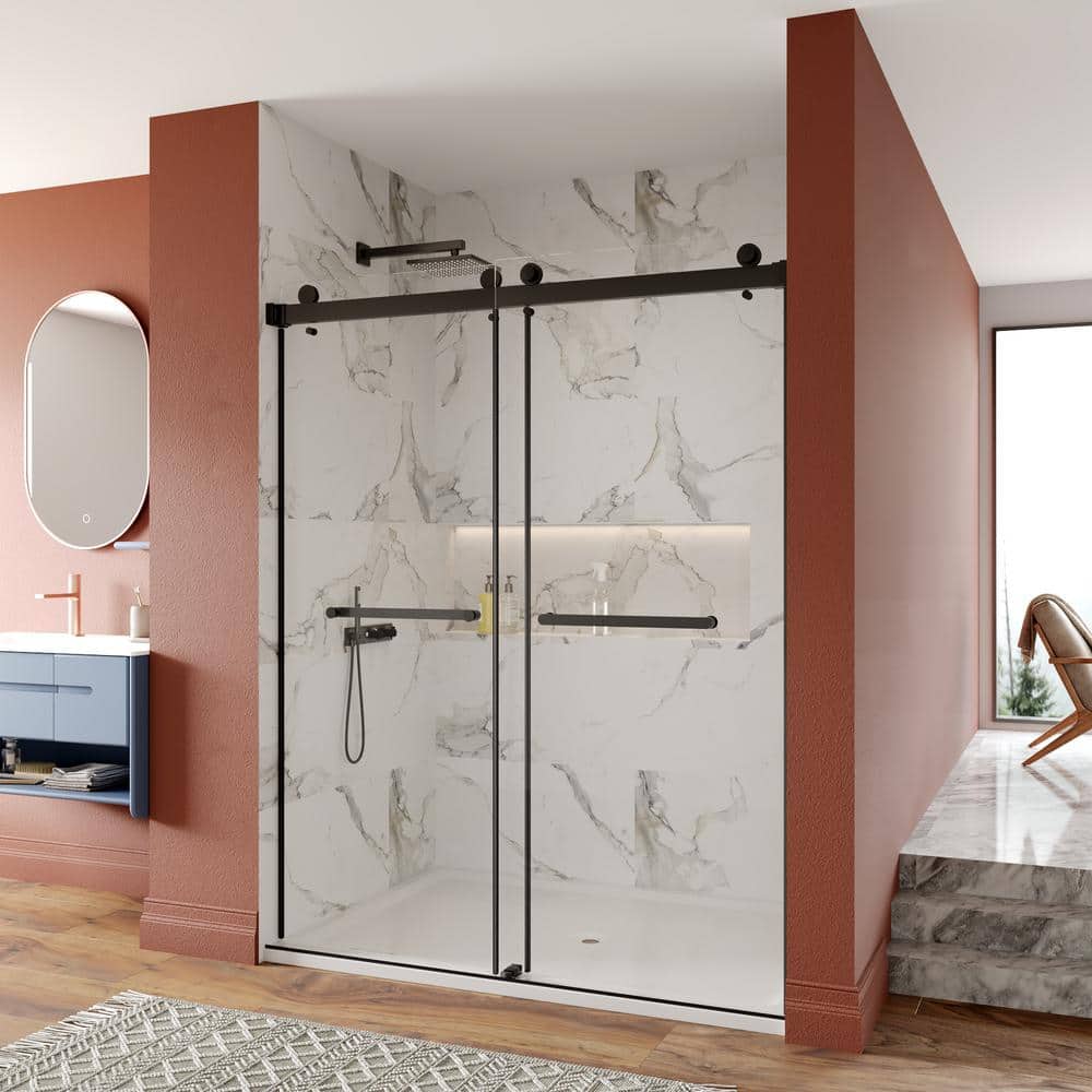 Black Frameless Double Sliding Shower Door with Tempered Glass