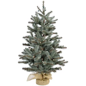 2 ft. Yardville Pine Artificial Christmas Porch Tree with Rustic Burlap Base and LED Lights