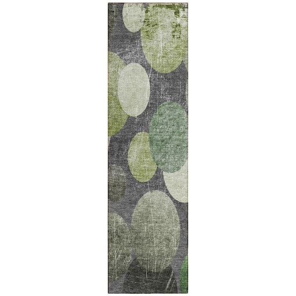 Green, Gray 2 ft. x 8 ft. Woven Abstract Polyester Runner Indoor / Outdoor Area Rug