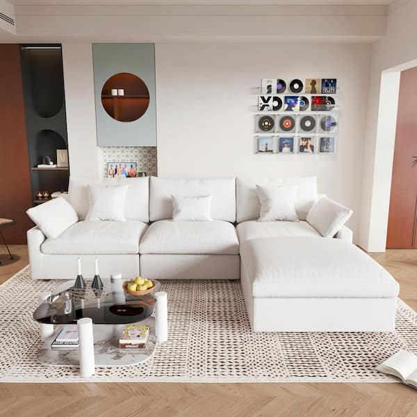119 in. Square Arm Linen 4-Piece Oversized L-Shaped Cloud Modular Sectional Sofa with Ottoman, Washable Covers in. White