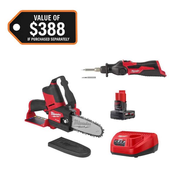 M12 FUEL 12V Lithium-Ion Brushless Battery 6 in. HATCHET Pruning Saw Kit w/Soldering Iron, 4.0 Ah Battery, Charger