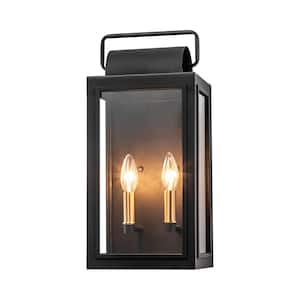 Malak Mid-Century Modern Black 2-Light Candle Outdoor Hardwired Wall Lantern Sconce with Clear Glass Shade