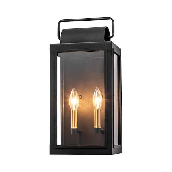 RRTYO Malak Mid-Century Modern Black 2-Light Candle Outdoor Hardwired Wall Lantern Sconce with Clear Glass Shade