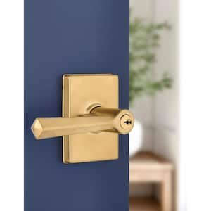 Wilshire Brushed Gold Keyed Entry Door Lever with Rectangle Rose Featuring Dual Keyway