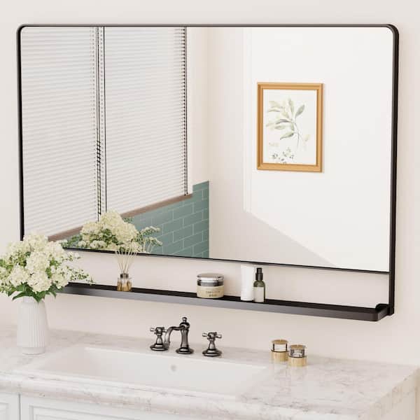 48 in. W x 32 in. H Rectangular Framed Black Mirror Metal Wall Bathroom Vanity Mirror with Shelf (Vertical)