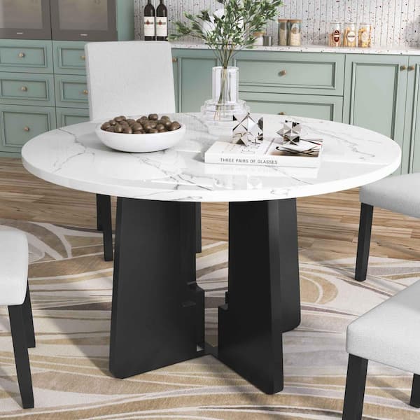 Polibi White/Black Wood 43.25 in. Pedestal Dining Table Seats 4