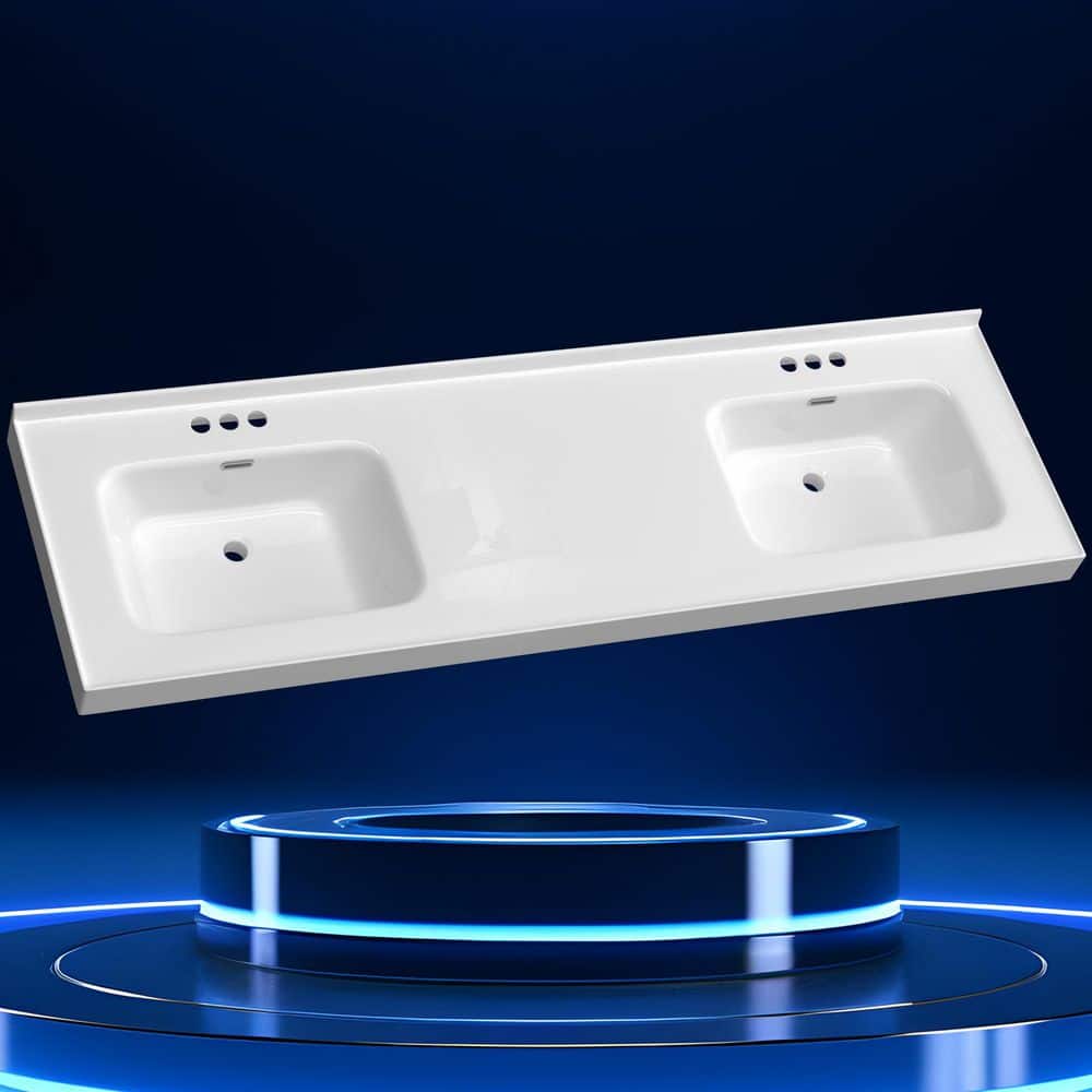 Ebo 73 in. W x 22 in. D Solid Surface White Rectangular Double Sink Vanity Top with Backsplash Basin Bathroom Countertop price history on PriceWatchPro