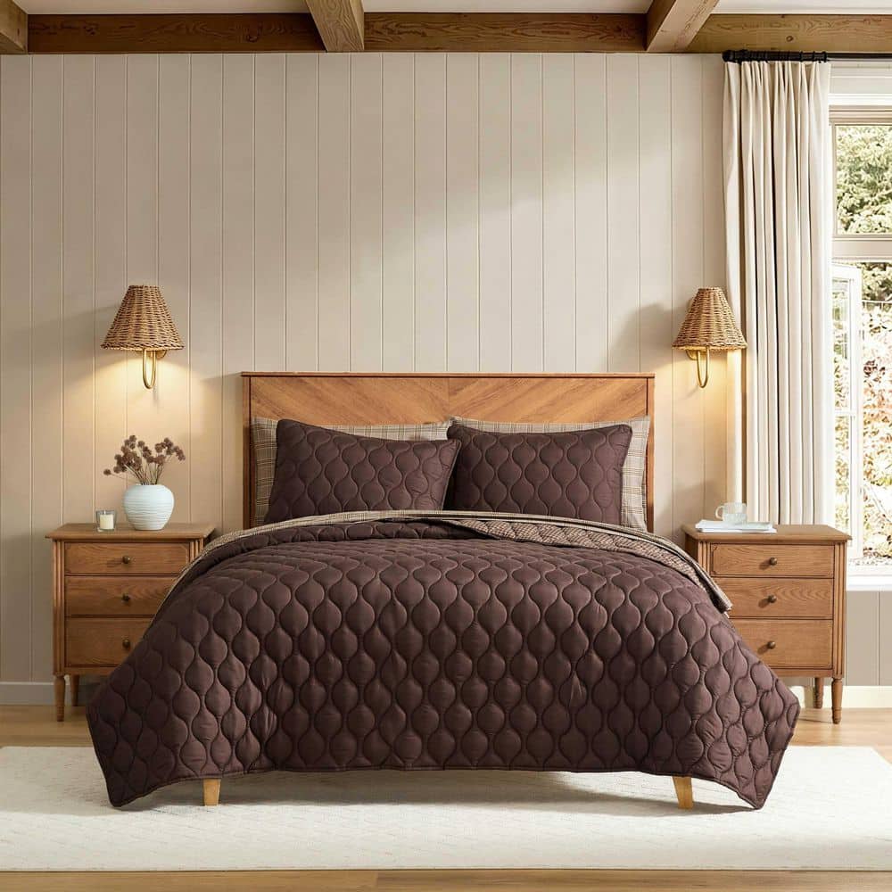 Ogee Stitch Reversible 3-Piece Chocolate Brown Microfiber King Quilt Set price history on PriceWatchPro