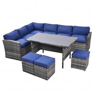 7-Piece Patio Wicker Rattan Outdoor Sectional Sofa Set with Blue Cushions
