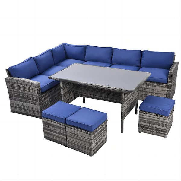 Wiilayok 7-Piece Patio Wicker Rattan Outdoor Sectional Sofa Set with Blue Cushions