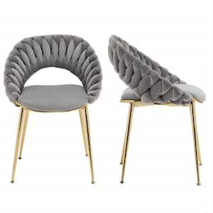 Modern Upholstered Gray Velvet Hand Woven Hollow Backrest Design Dining Chairs Set of 2