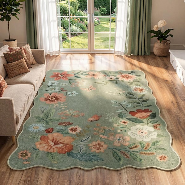 Washable Farmhouse Floral Print Wave-Shaped Non Slip Green Living Room Bedroom Dining Room 6 ft. x 9 ft. Area Rug