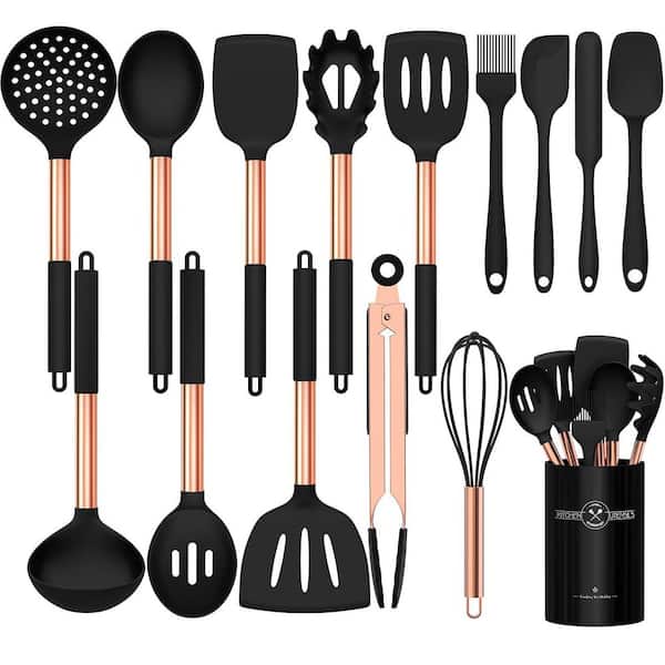 15-Piece Silicone Cooking Kitchen Utensils Set, Non-Stick Kitchen Cookware with Stainless Steel Handle, Rose Gold