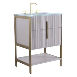 24 in. W x 18 in. D x 33.5 in. H Bath Vanity in Bright Taupe with Glass Vanity Top in White with Brass Hardware