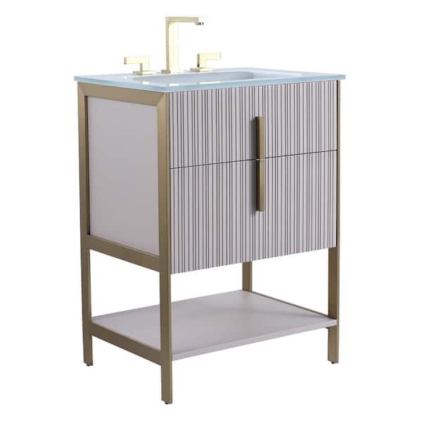 FINE FIXTURES 24 in. W x 18 in. D x 33.5 in. H Bath Vanity in Bright Taupe with Glass Vanity Top in White with Brass Hardware