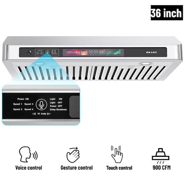 BRANO 36 in. 900 CFM Ducted Under Cabinet Range Hood in Stainless Steel with Voice/Gesture/Touch Control and LED Lights